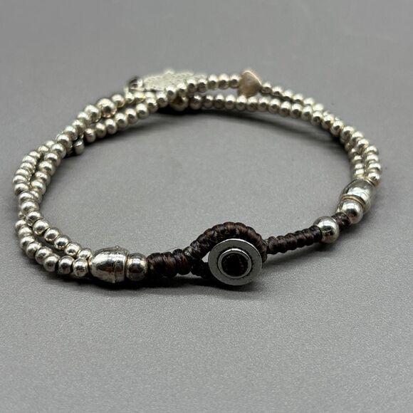Bali Queen Hamsa Charm Silver Alloy Beaded Two Strand Waxed Linen Boho Bracelet - Picture 3 of 5